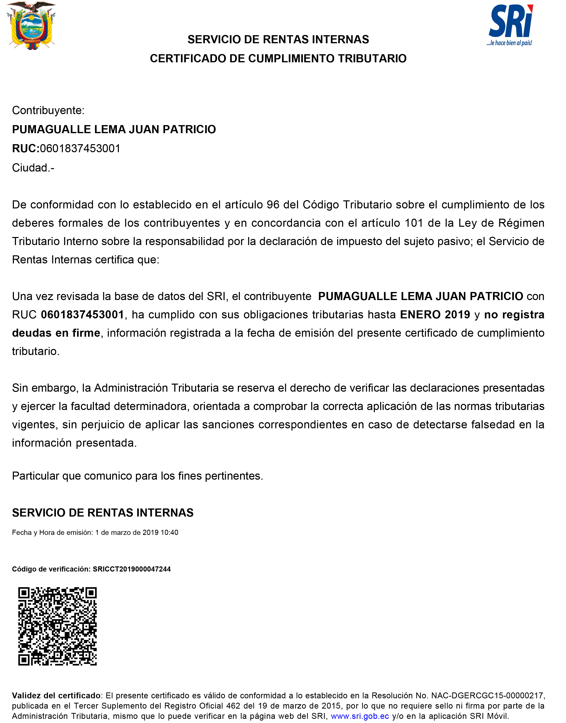 certificado sri 2019